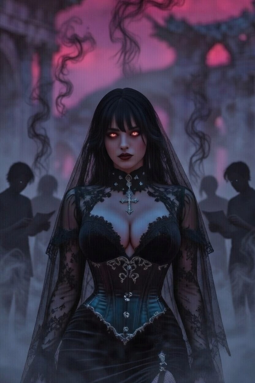 Nyx - Black hair, amber glowing eyes, black veil and lace corset with shadowy figures behind her