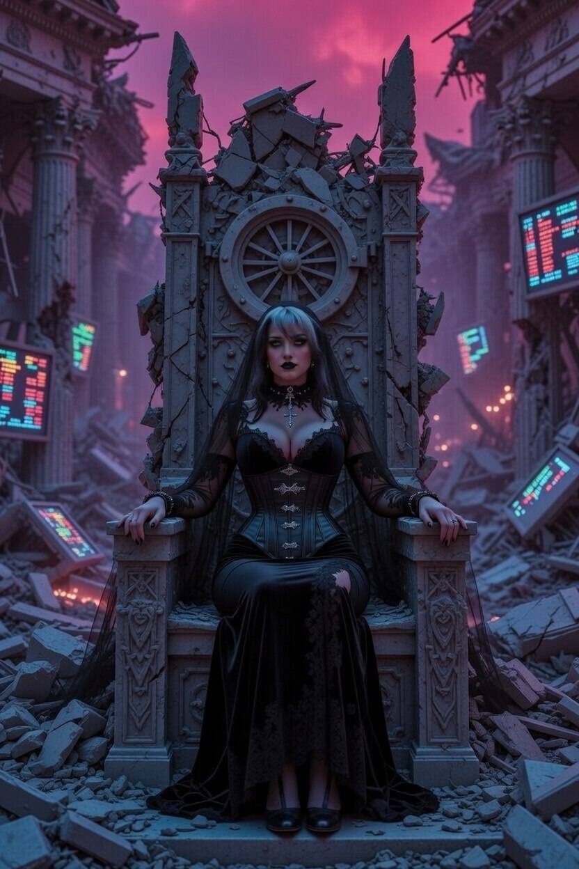 Seraphine Null - On massive throne of rubble with stock tickers floating around, wearing black veil with queen energy