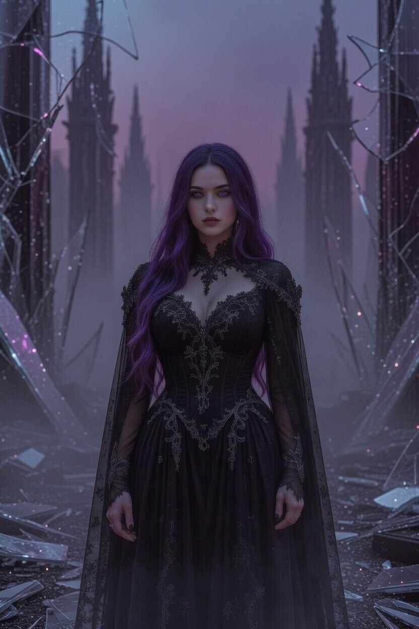 Vespera - Purple hair in shattered glass cathedral ruins, wearing black lace full gown